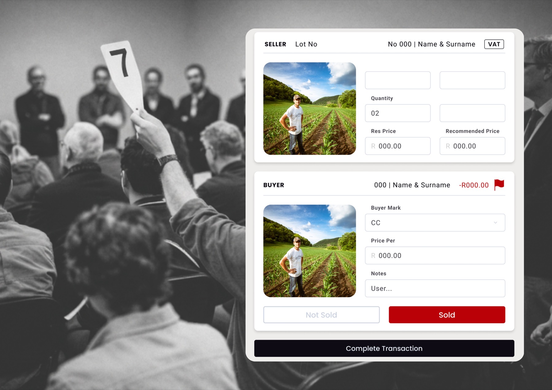 Bidding screen from the controlled-goods auction platform, over a live auction floor